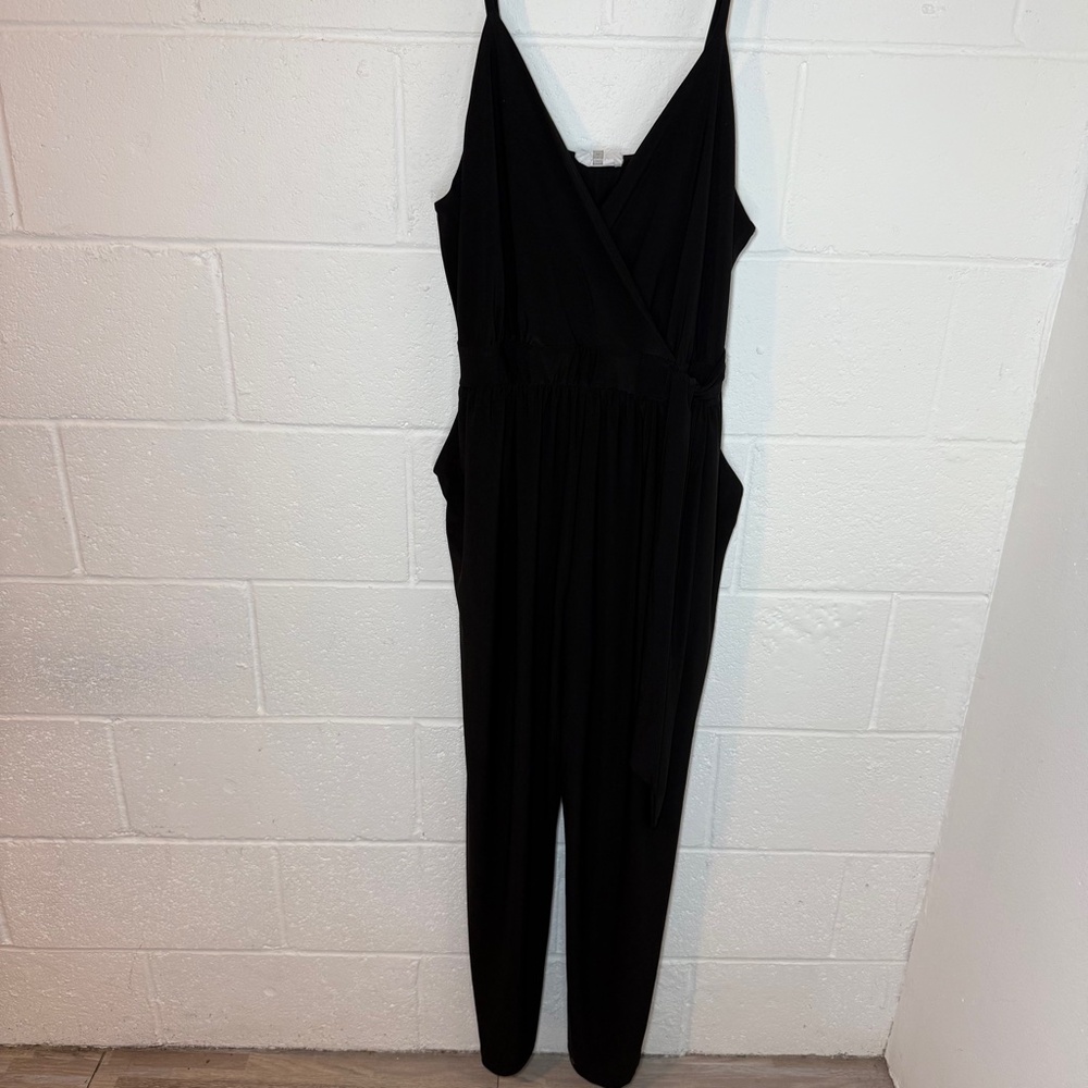 Korye Black Faux Wrap Spaghetti Strap Jumpsuit with Pockets